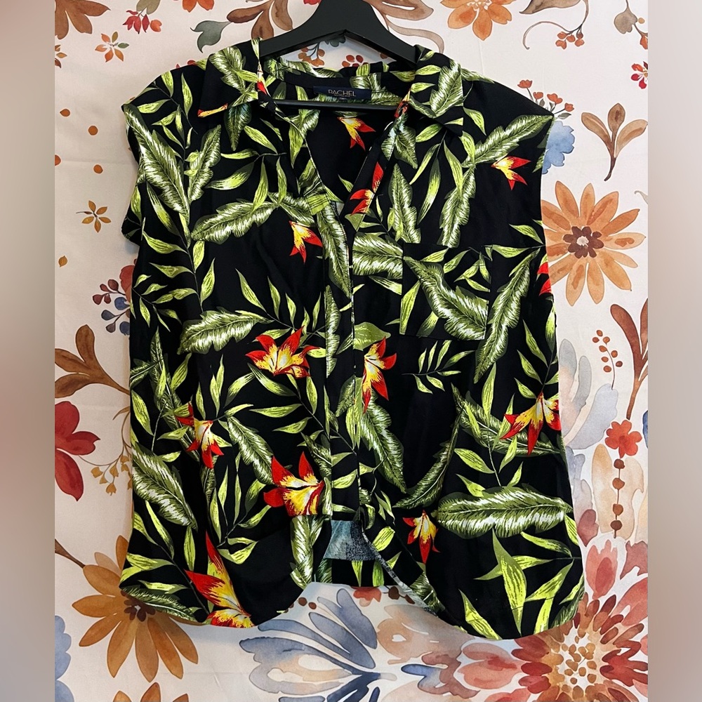 Rachel Roy XL Top Black Green Tropical Resort core Linen Blend Spring Floral